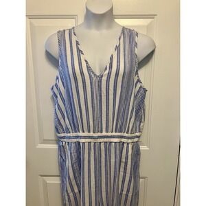GAP Linen Blend V-Neck Jumpsuit Sz XL‎ Blue White Striped Wide Leg Pants Women’s